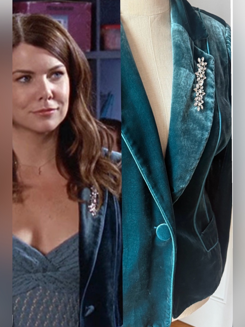RARE Laundry By Shelli Segal Teal Velvet Blazer with Brooch seen on Gilmore Girl